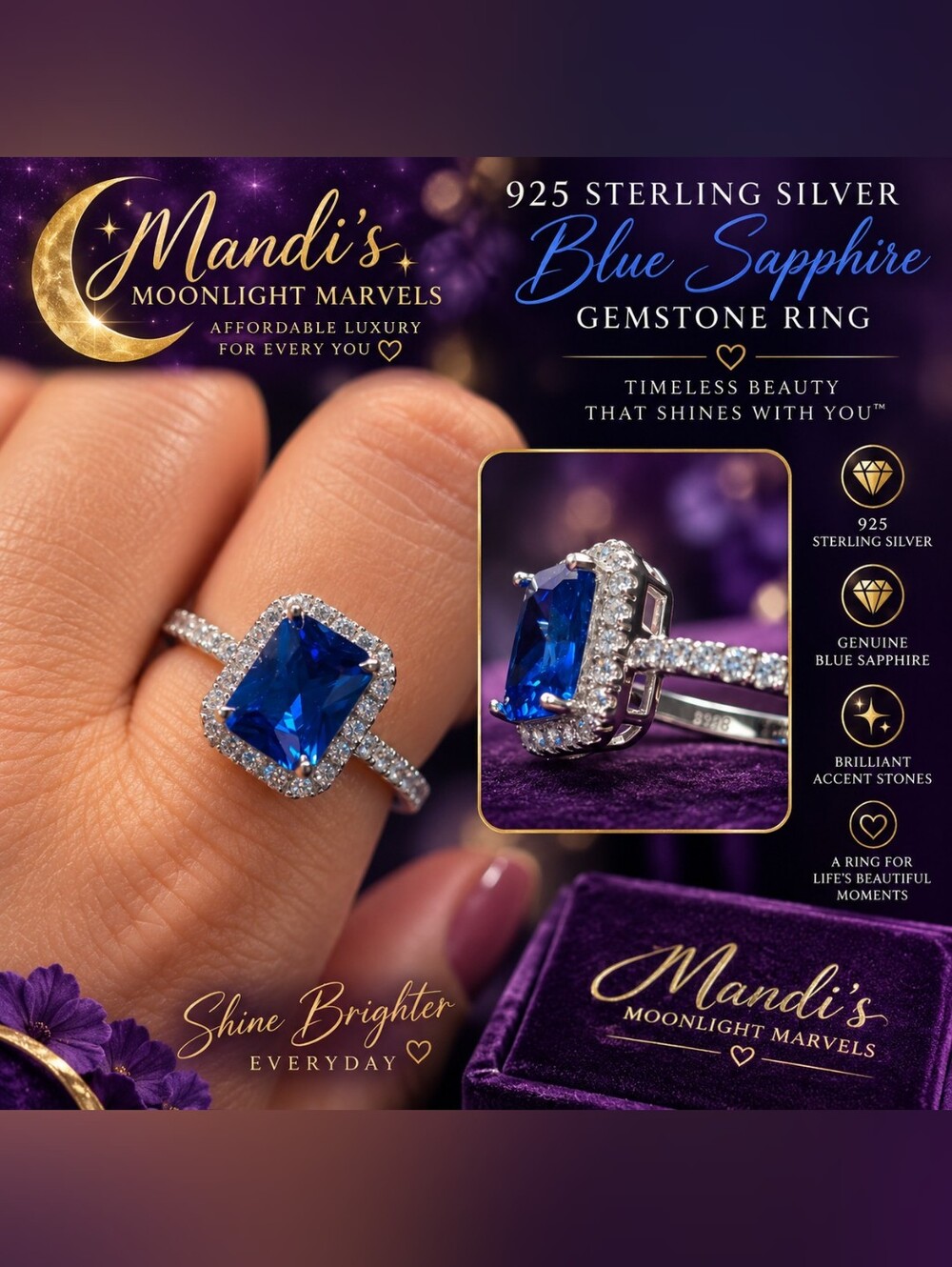 Mandi's Blue Sapphire Ring in 925 Sterling Silver Size 7